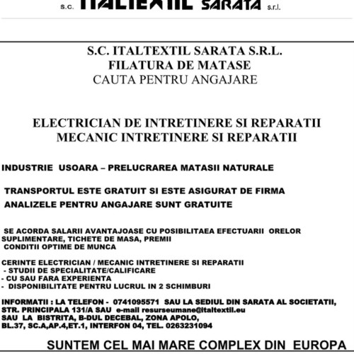 Angajăm electrician și mecanic pentru întreținere și reparații