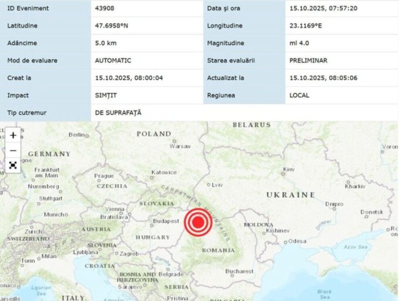 Cutremur de magnitudine 4,0 în zona Satu Mare, fără pagube sau victime