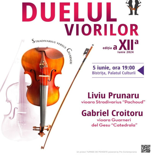 Duelul viorilor la Palatul Culturii Bistrița: Liviu Prunaru și Gabriel Croitoru se duelează cu sunetele Stradivarius versus Guarneri. Concertul va avea loc pe 5 iunie de la ora 19.00. Bilete disponibile la www.iabilet.ro și la Casa de bilete a Palatului Culturii. Programul includ piese celebre pentru vioară precum Lăutarul din Suita Impresii din copilărie şi Concertul pentru două viori de Bach. Detalii pe www.duelulviorilor.ro.